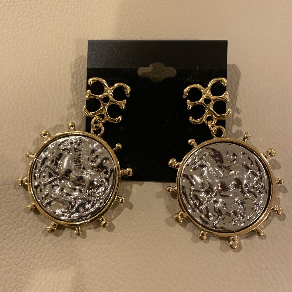 Gold and Silver Round Medallion Drop Earrings - Women Jewelry